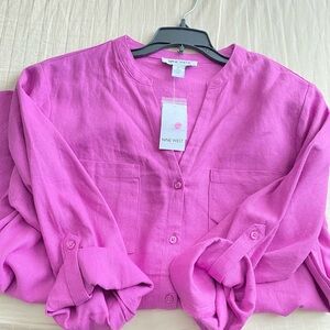 NWT Nine West Fuchsia Linen Blend Button Down Blouse Adjustable roll tab sleeves